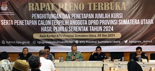 KPU Sumut menggelar sidang pleno terbuka terkait penetapan anggota DPRD Sumut periode 2024-2029, Selasa 28 Mei 2024